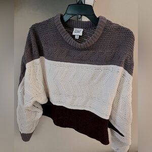 Planet Heart Multicolor Knit Sweater Plum Purple Cream Small Crop